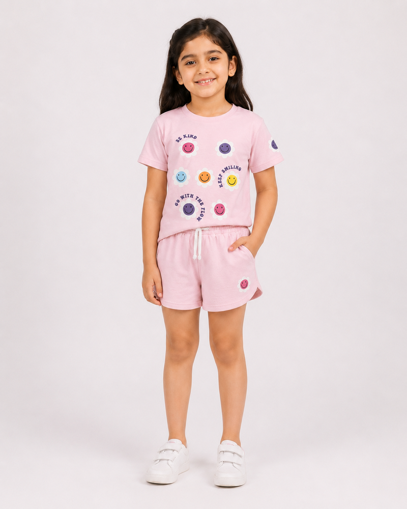 Girls T-Shirt + Short Set — "Be Kind / Go With The Flow" Smiley