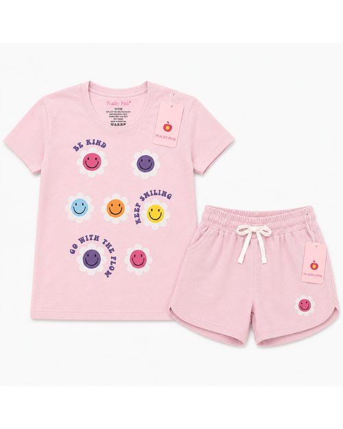 Girls T-Shirt + Short Set — "Be Kind / Go With The Flow" Smiley