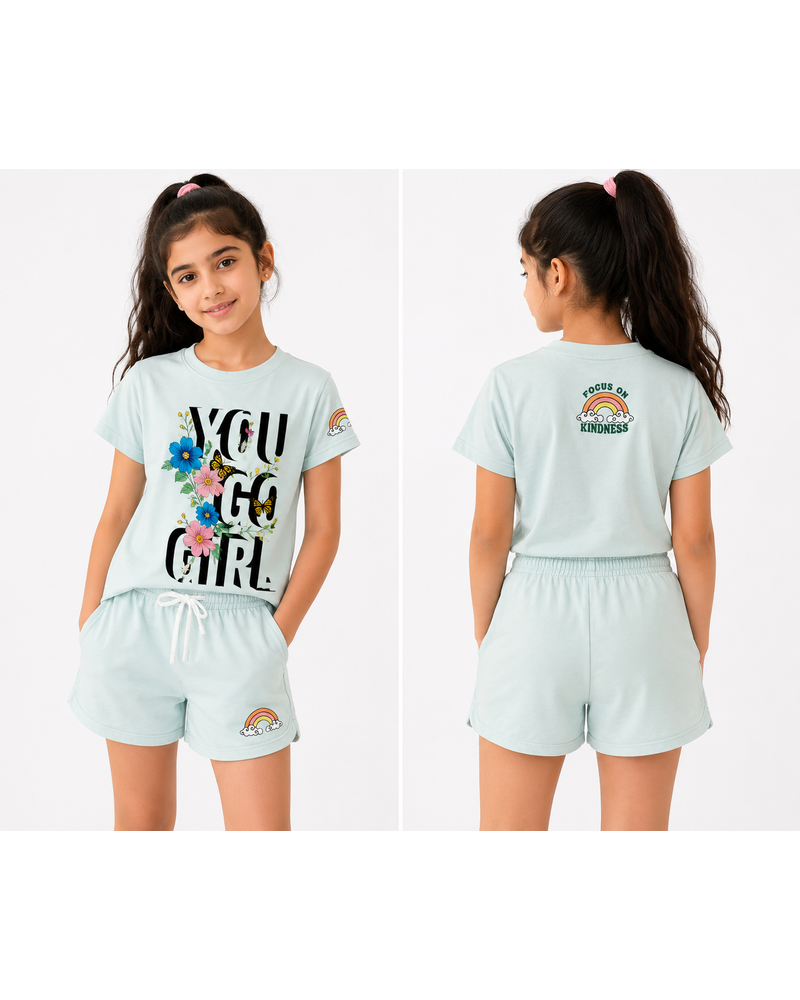 Girls T-Shirt + Short Set — "Focus On Kindness" Rainbow