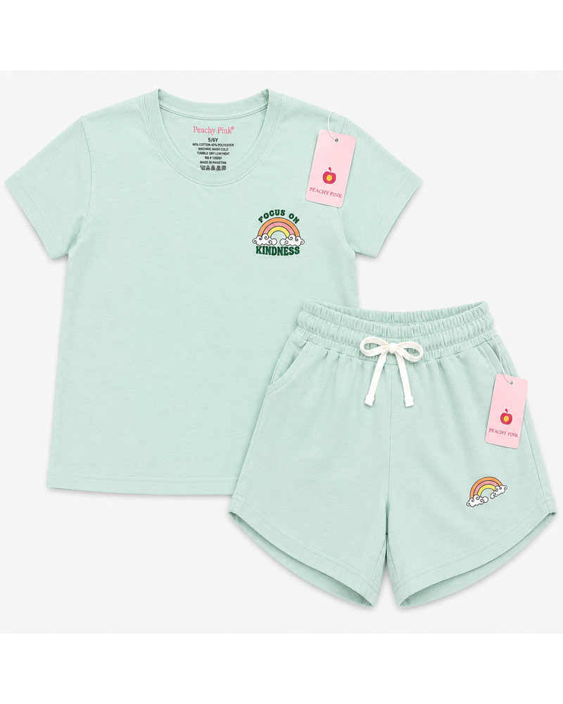 Girls T-Shirt + Short Set — "Focus On Kindness" Rainbow