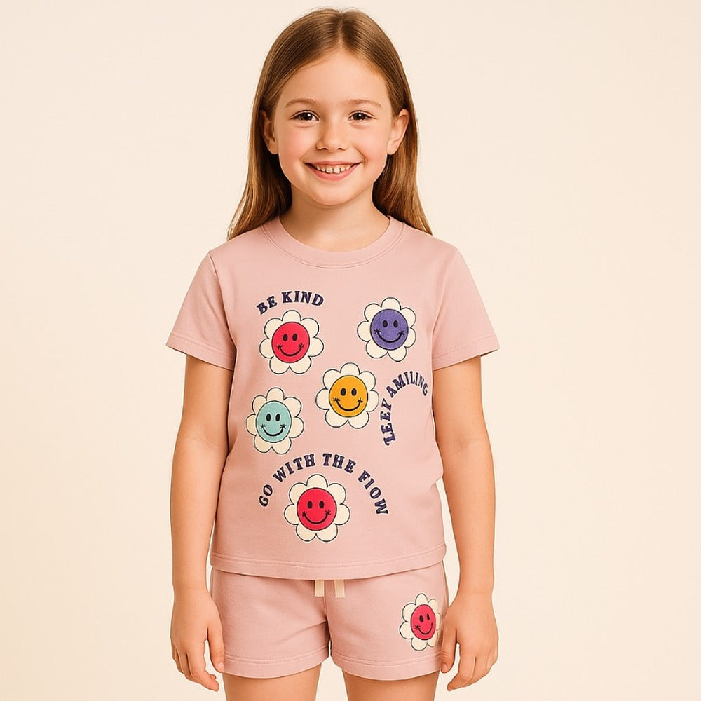 Girls Tee + Short Set — "Be Kind / Go With The Flow" Smiley | Style 4