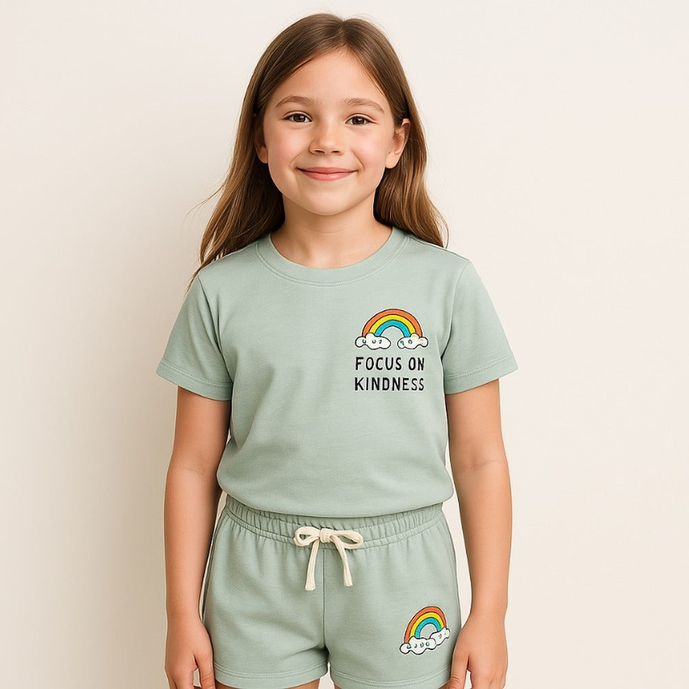 Girls Tee + Short Set — "Focus On Kindness" Rainbow | Style 6